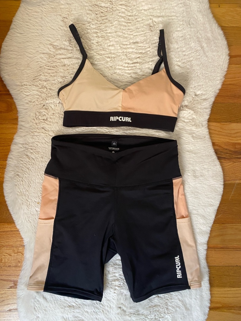 Rip Curl Peach & Black Colorblock Swim top and Shorts. Summer. Vacation. Surf.